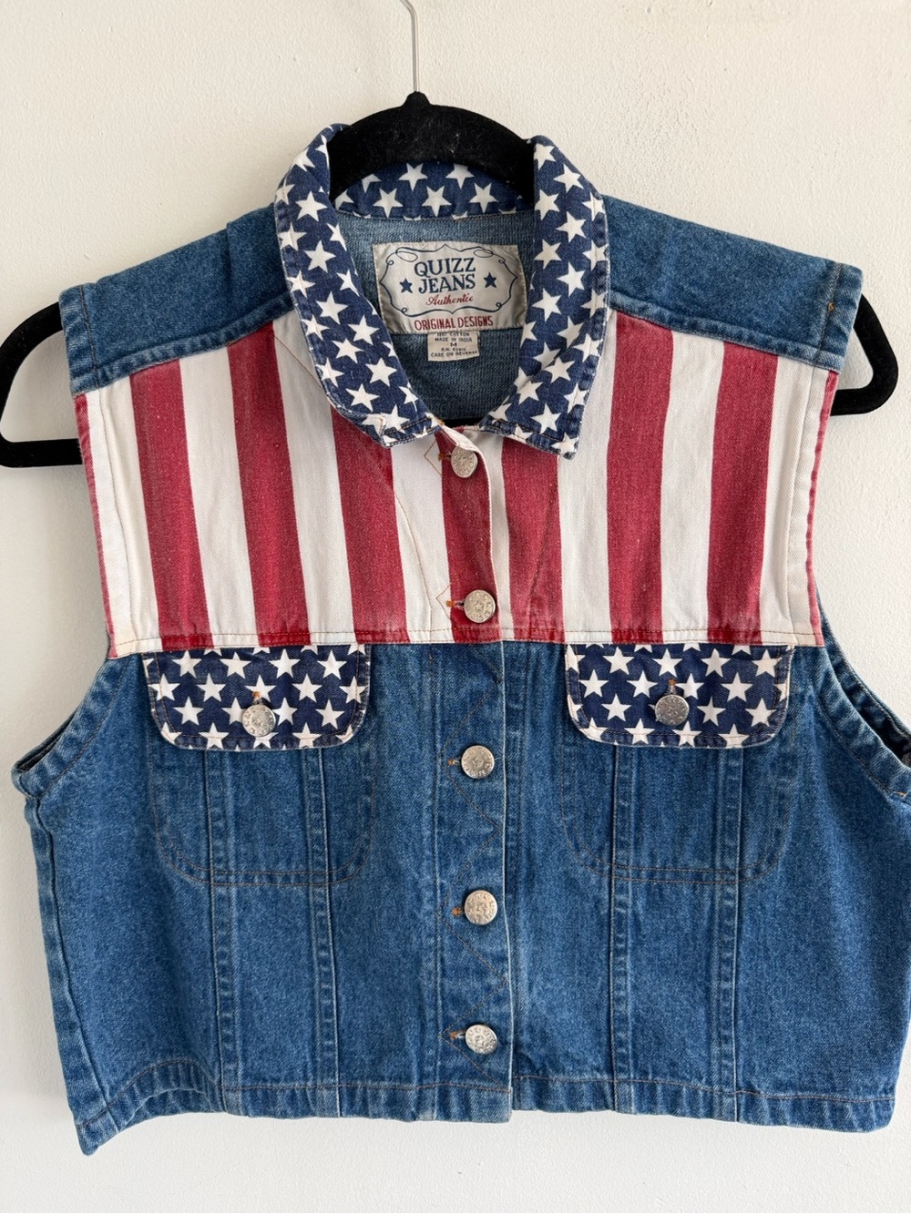 Women's Denim Vest with American Flag Detail - Blue / Red / White